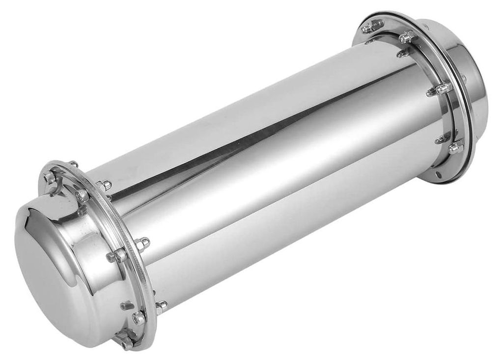 A shiny, cylindrical stainless steel capsule with bolted flanges on both ends, presented against a white background.