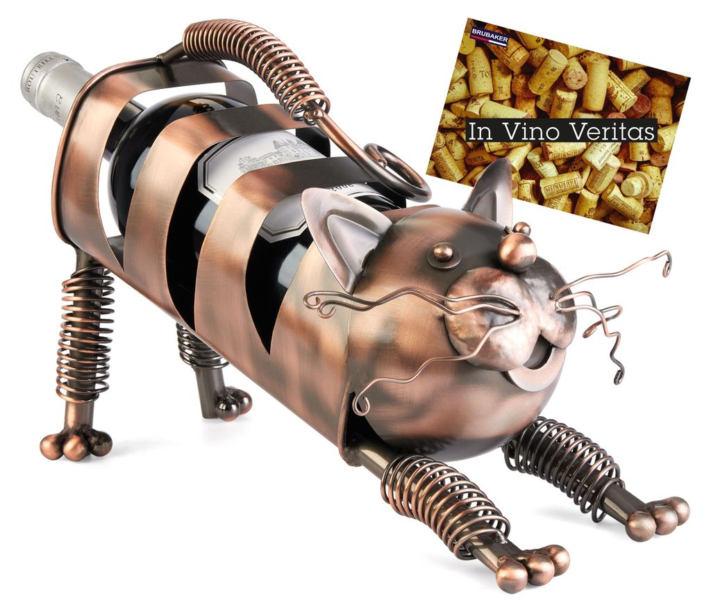 BRUBAKER Weinflaschenhalter Katze - Flaschenhalter aus Metall für Katzenbesitzer - Metallfigur Weingeschenk mit Geschenkkarte - Farbe: Kupfer