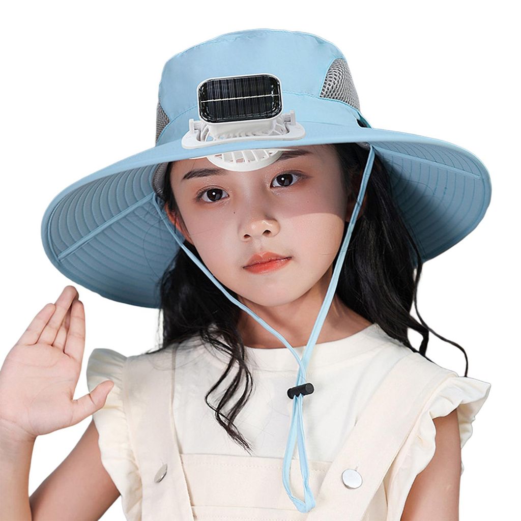 Atmungsaktiver Kinderhut mit UV-Schutz, integriertem Ventilator, breiter Krempe, Nackenschutz und verstellbarem Riemen – ideal für den Sommer un...