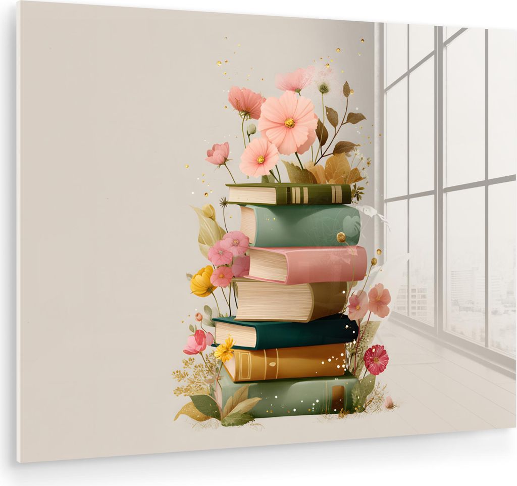 MuchoWow Glasbilder - Bilder auf Wandbild - Foto auf Glas Bücher - Stapel - Blumen - Farbenfroh 40x30 cm Wanddekoration aus Glas - Acrylglasbild -...