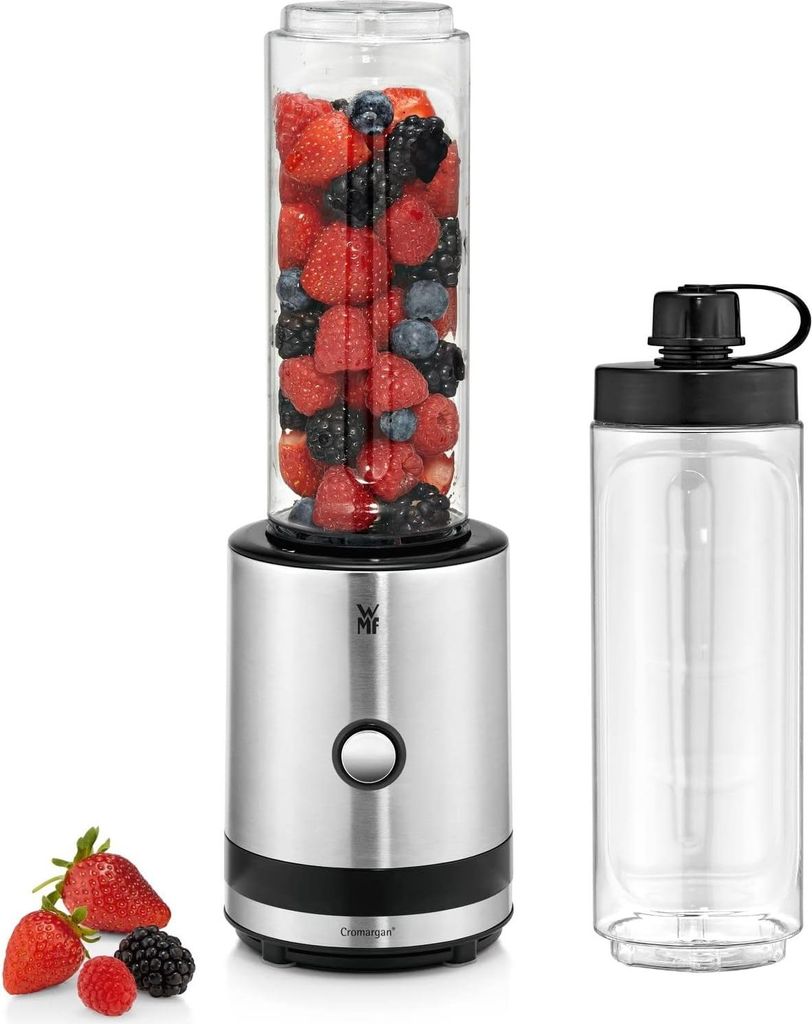 WMF Küchenminis Smoothie-to-go, Smoothie Maker klein, Mini Standmixer mit zwei Mix-/Trinkbehältern 0,6l, 300 W, edelstahl matt