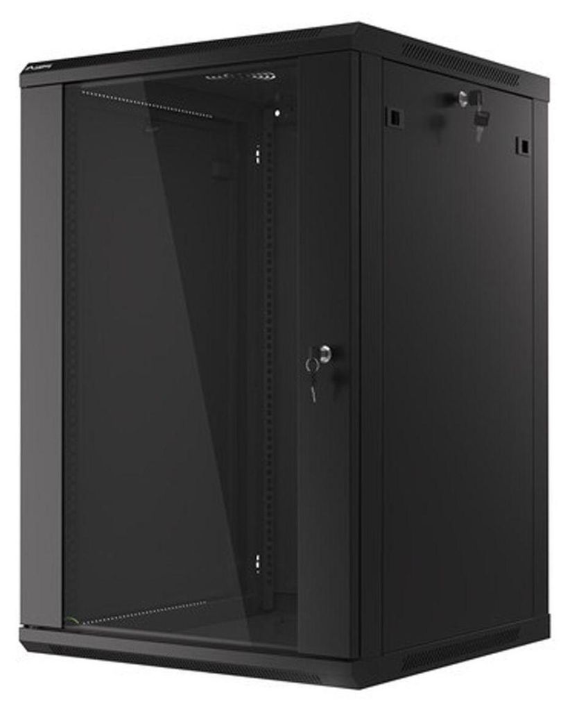 A black server rack cabinet with a glass door and a lock.