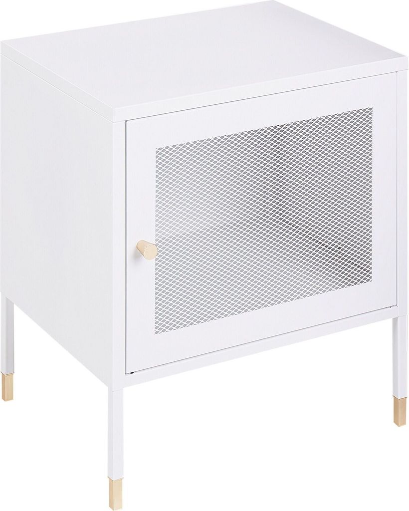 BELIANI Nachttisch Weiß Stahl mit Gittertür Griff Rechteckig 45 x 35 x 51 cm Industriell Metallschrank für Schlafzimmer Wohnzimmer Esszimmer