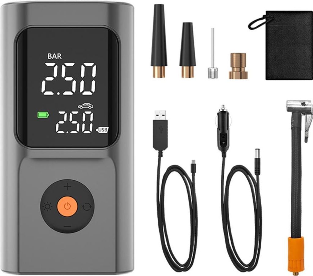 INF Akku-Luftpumpe Silber Grau, Tragbarer Kompressor mit Digitalanzeige