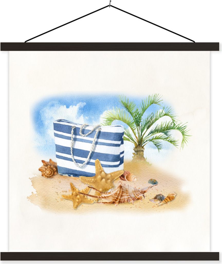 MuchoWow Textilposter Palme - Tasche - Muscheln 40x40 cm mit schwarzem Rahmen - Fotos