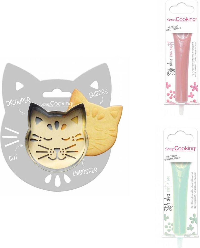 Relief-Katzen-Keks-Bausatz + 2 pastellrosa und wassergrüne Schokoladenstifte