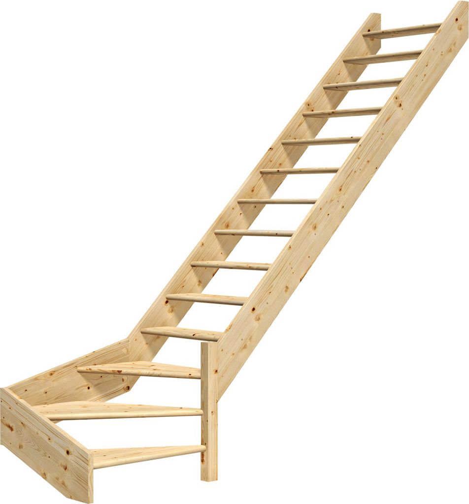 Dolle Raumspartreppe Paris ohne Setzstufen Fichte unbehandelt Treppenlauf 1/4 gewendelt unten rechts ohne Geländer