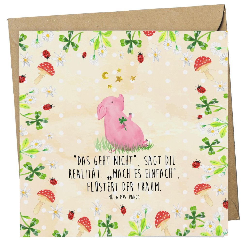 Mr. & Mrs. Panda Grußkarte Schwein Glück - Naturpapier - Geschenk, Sterne, Lustige Sprüche, Klappkarte, Motivation, Ziele, Glückwunschkarte, do...