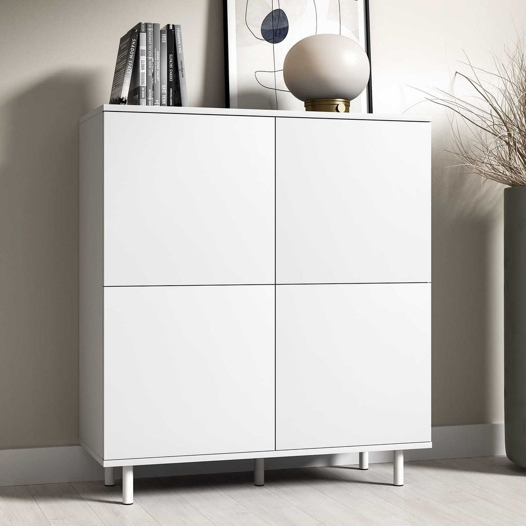 Kommode "Masimo" 100 cm, Aufbewahrungsschrank, Kommode mit 4 Türen, Weiß, Push-to-Open, modernes Design