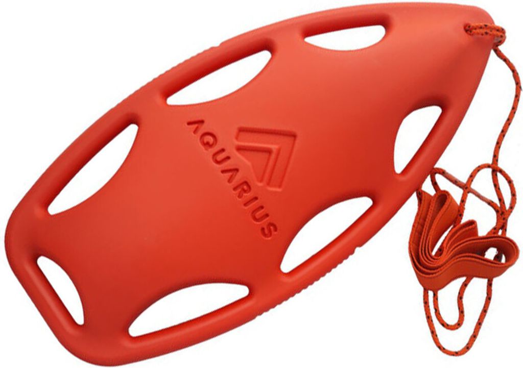 An orange rescue buoy with a rope and strap is shown against a white background.