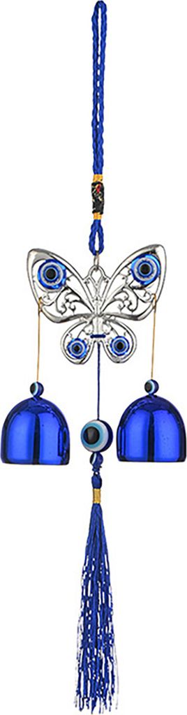 Blaues Windspiel mit bösen Augen, mit 2 Glöckchen, für drinnen und draußen, für Garten, Terrasse, zum Aufhängen im Freien, Elefantenherz, Sch...