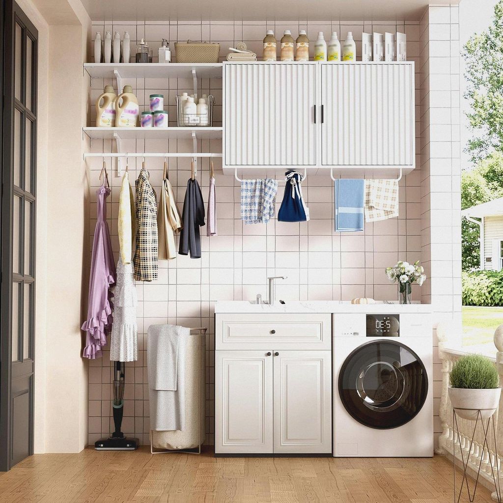 Wandschrank für Waschküche & Bad, Hängeschrank Weiß mit Kleiderstange und Handtuchhalter, Modernes Wandregal Set über Waschmaschine, Vielseiti...