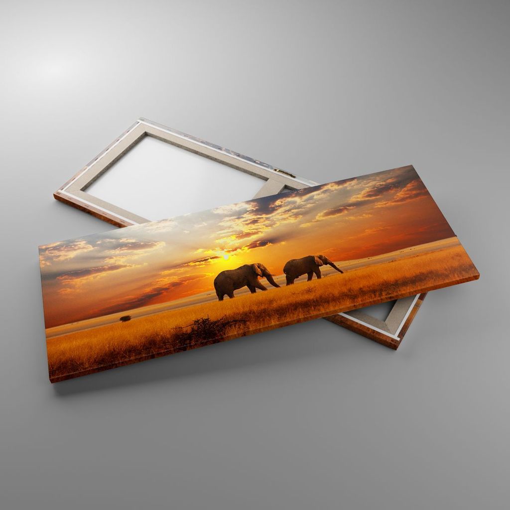 Bild auf Leinwand - Leinwandbild - Elefanten Safari Dschungel Busch - 100x40cm - Wand Bild - Wanddeko - Leinwanddruck - Bilder - Kunstdruck - Leinw...
