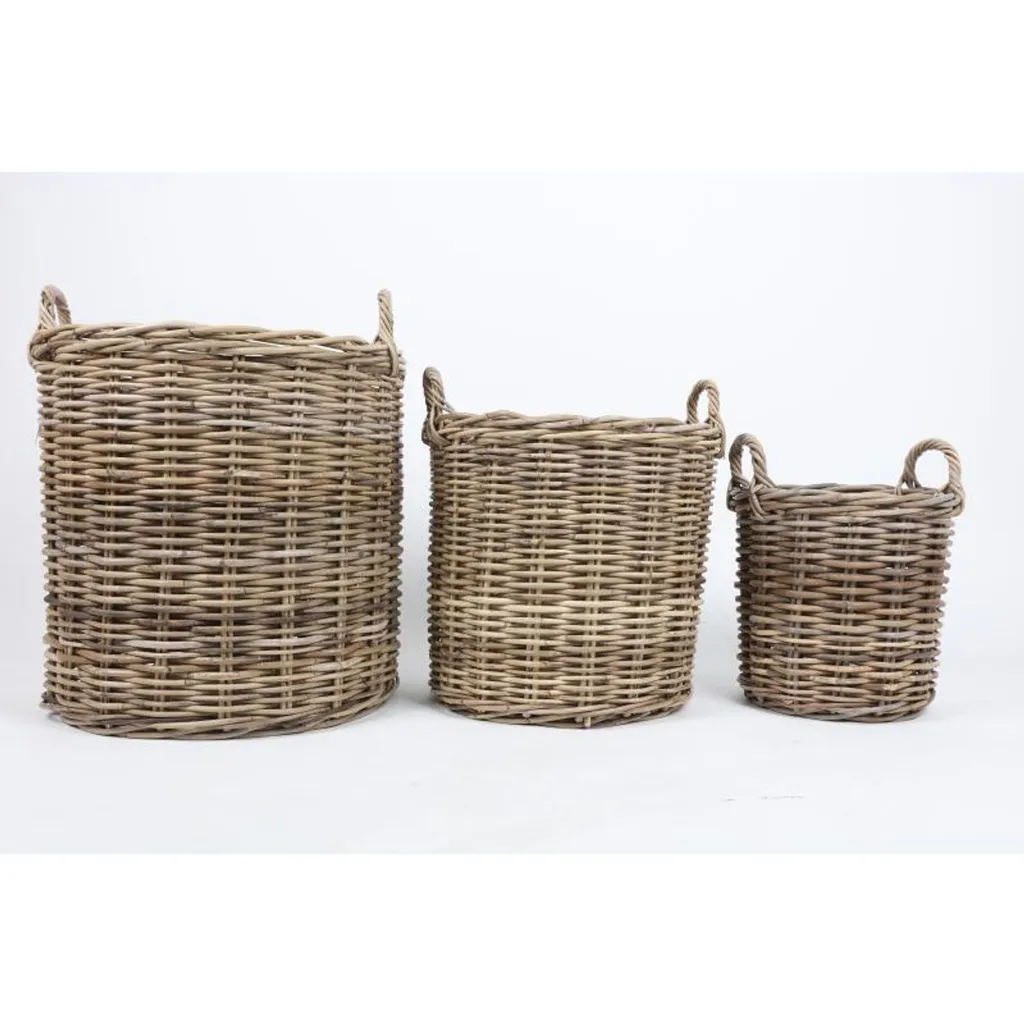 Lot de 3 Cache-pots Ronds en Osier Tressé - Paniers de Transport en Bois