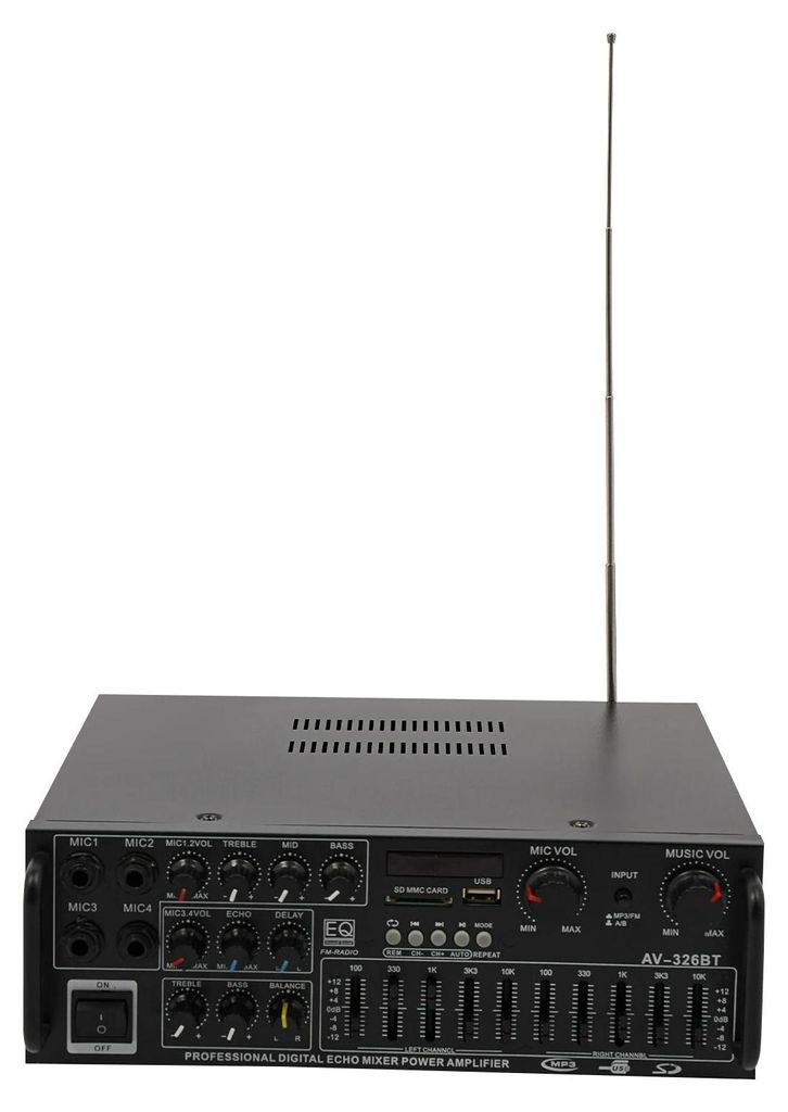 Stereo-Verstärker - AV-326BT - Bluetooth 6 m - Zwei Kanäle - SD/USB/MP3 - LED-Display - Fernbedienung - Netz 220–240V & 12V DC - Schwarz
