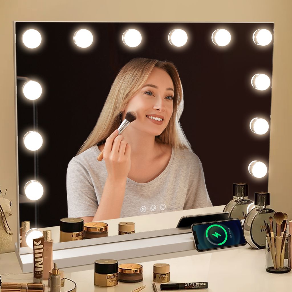 MULISOFT Hollywood Spiegel mit Beleuchtung, 58x45cm Schminkspiegel mit 14 LED Lampen 3 Farben einstellbar, Make up Spiegel mit Touchschalter USB Au...