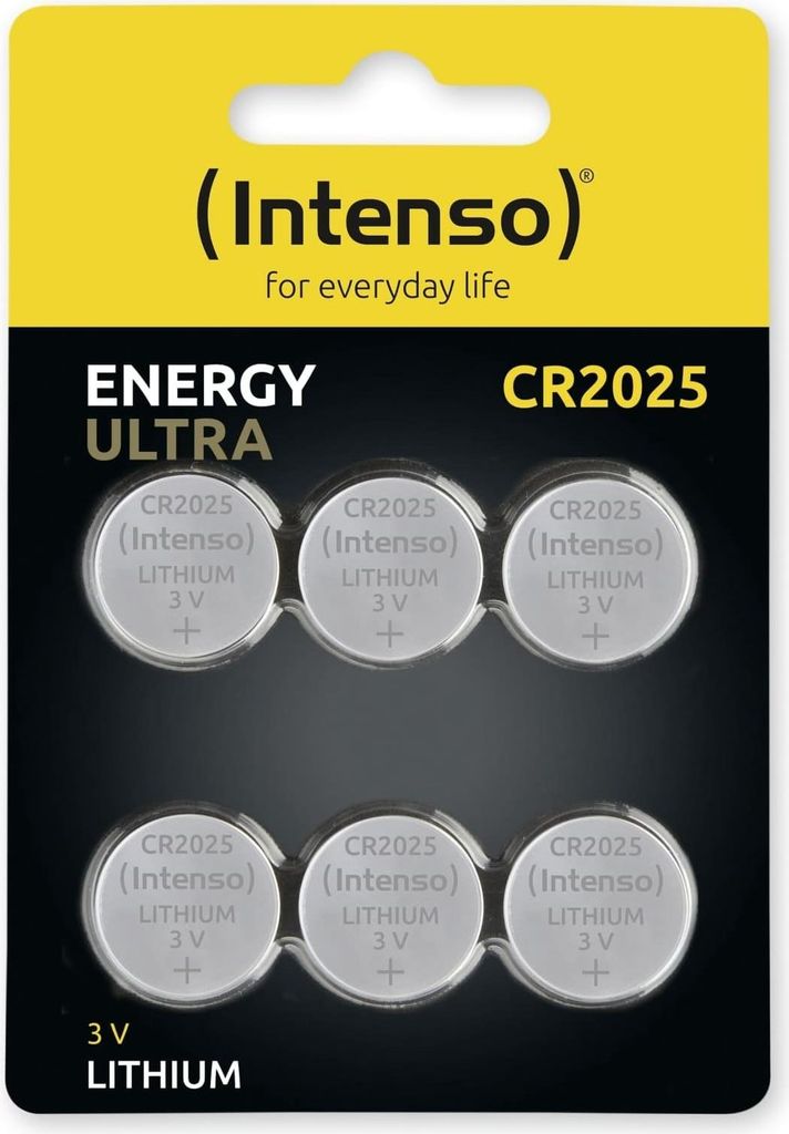 A blister pack of six CR2025 lithium coin cell batteries from Intenso.