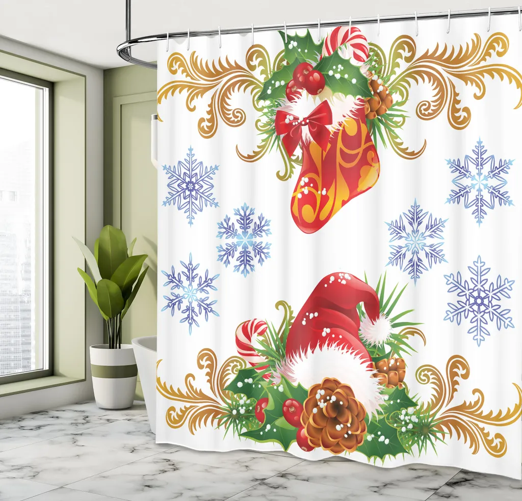 ABAKUHAUS Tenda da doccia natalizia, ghirlanda dell'Avvento come decorazione natalizia con motivo a fiocchi di neve cristallini, bastoncini di zucchero e cappellini, set di decorazioni per il bagno in tessuto con ganci, 175x240 cm, multicolore - 2