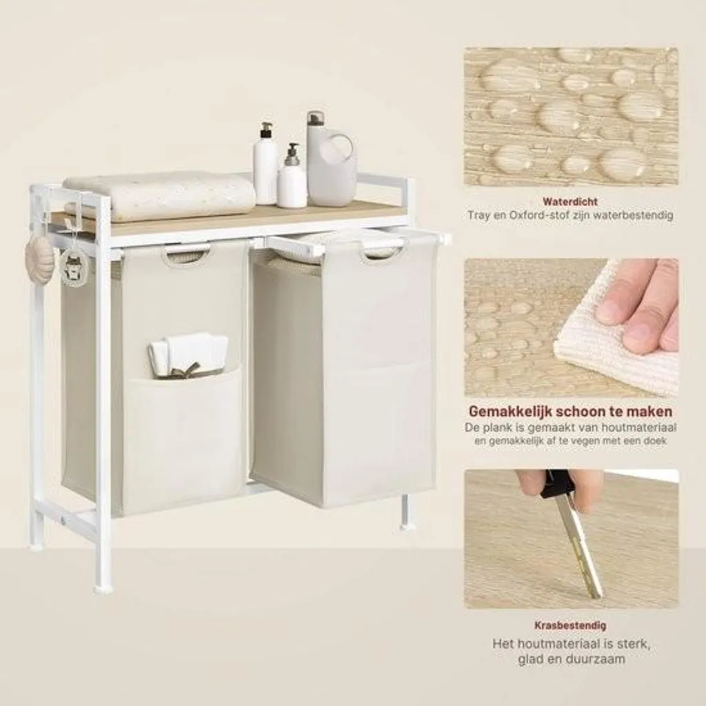 Panier à linge extensible 2 sacs avec plateau bois pour gain de place
