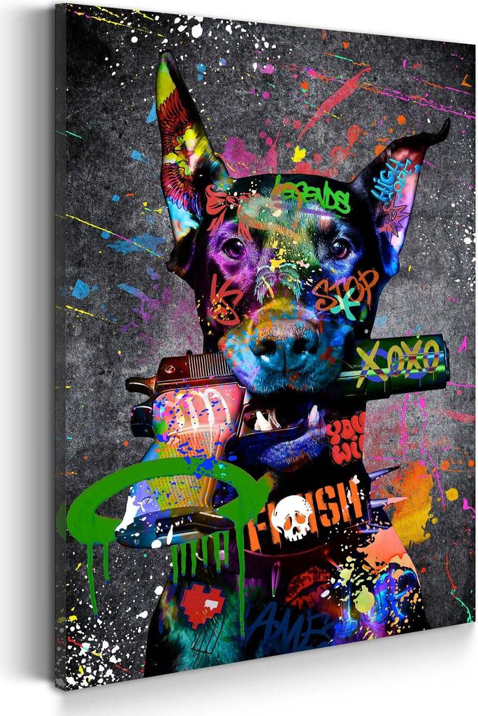 Wandbild Leinwandbild Dobermann Graffiti Kunstdruck XXL Wanddeko: 80x120x4cm