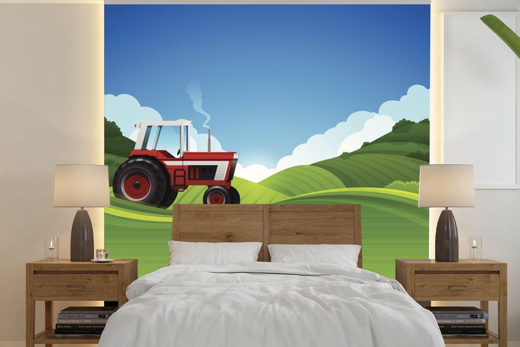 MuchoWow Fototapete für Wohnzimmer oder Schlafzimmer Wandtapete Vinyl Motivtapete Traktor - Gras - Luft - 300x300 cm - Wanddekoration