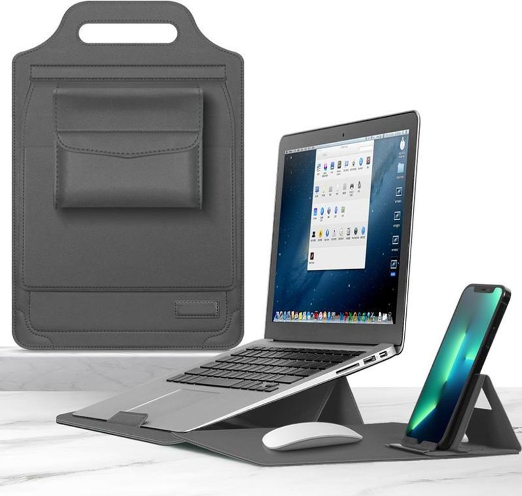 Multifunktionale Laptop-Tasche, Tragbare Halterung, PolyurethanWasserdicht, Faltbarer Ständer mit Handyhalterung, 15-16 inch, Grau