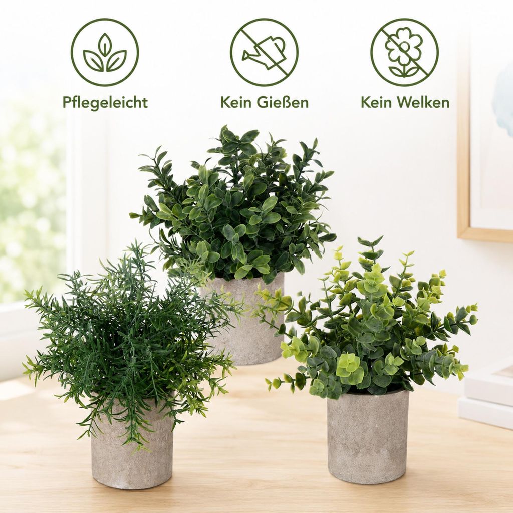 Kunstpflanzen im Topf 25 cm 3er Set, Künstliche Pflanzen