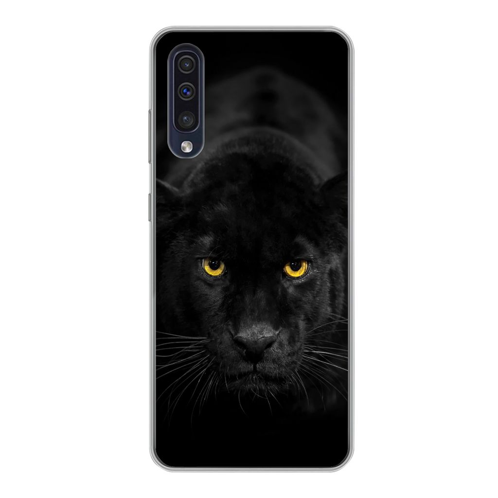 MuchoWow Handyhülle Schutzhülle Hülle für Samsung Galaxy A30s Leopard - Augen - Schwarz Silikon Softcase Handy Hülle - Karteninhaber