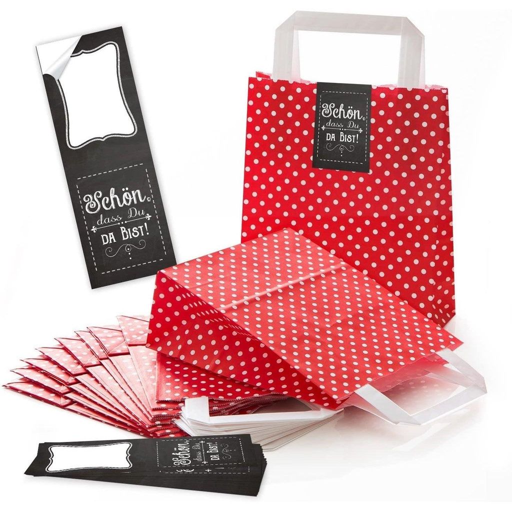 Logbuch-Verlag 25 rot weiß gepunktete Henkeltüten Papiertüten + 25 Banderolen zum Zukleben EIN HERZLICHES DANKESCHÖN weiß rosa Herz Geschenkve...