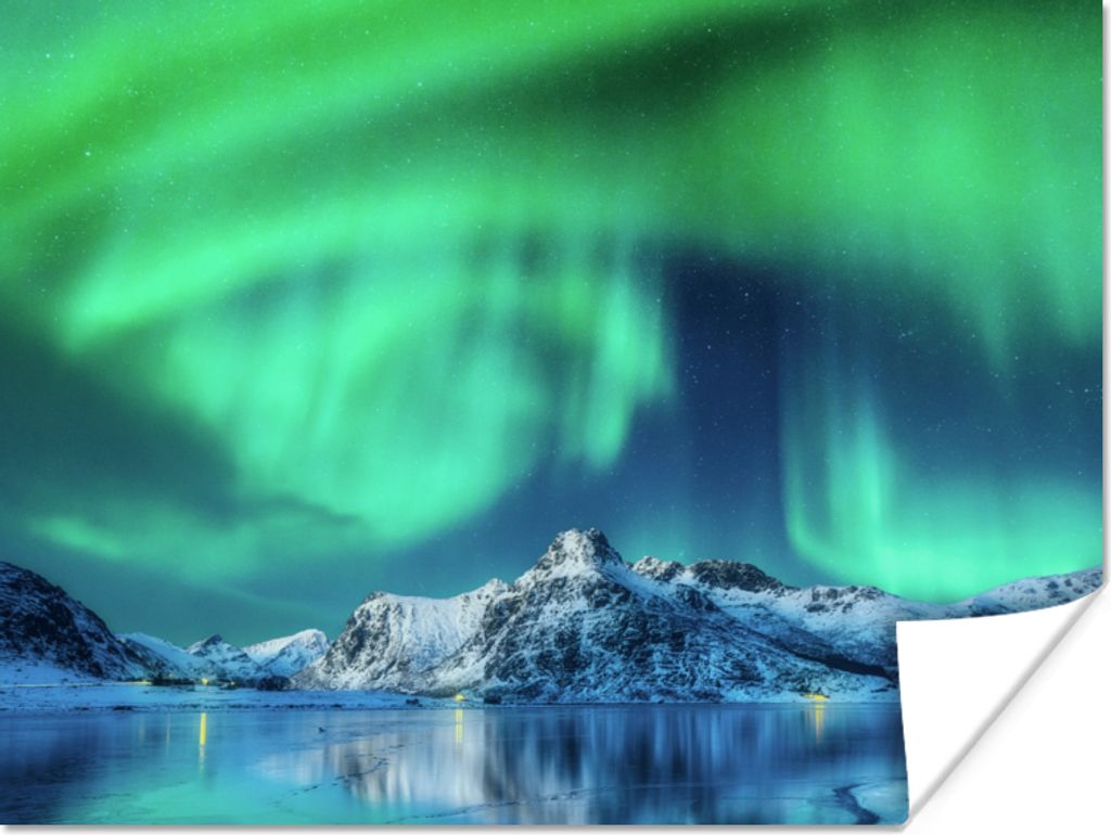 MuchoWow Poster Nordlichter - Berg - Schnee 120x90 cm - Wandbild