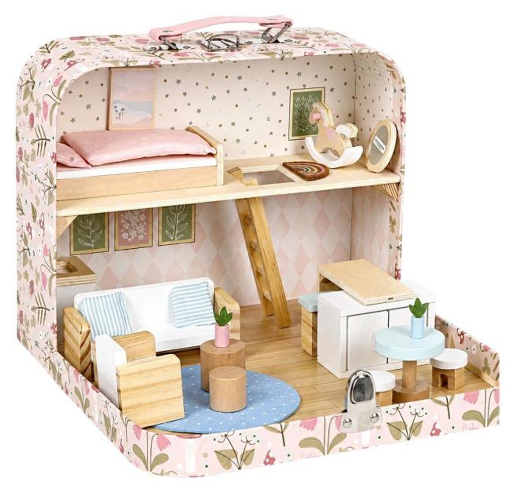ECOTOYS EF4175 Puppenhaus im Koffer, zweistöckig, mit 20 Produktbild 