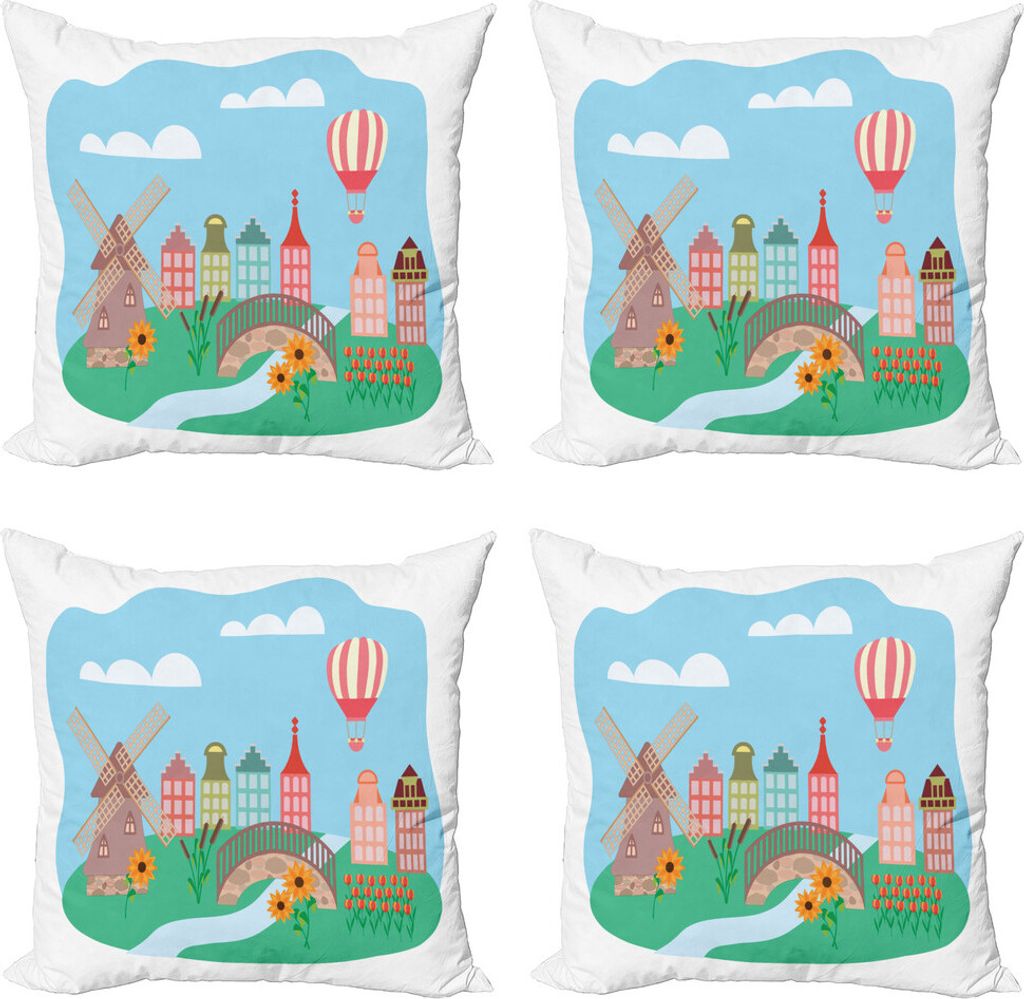 ABAKUHAUS Amsterdam Kissenbezug Set (4 Stück), Windmill ländliche Region, Moderner Doppelseitiger Digitaldruck, 60 cm x 60 cm, Mehrfarbig