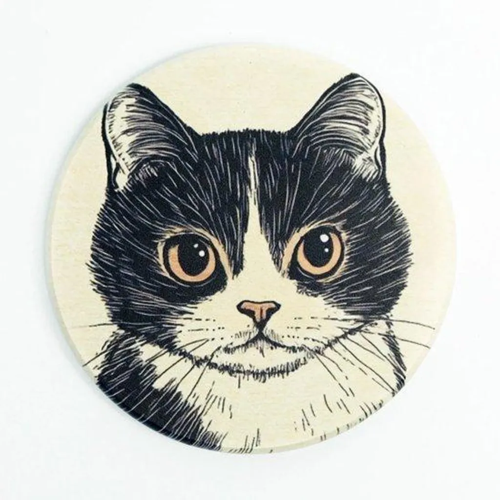 Sous-verres céramique absorbante motif chat 10 cm avec base en liège