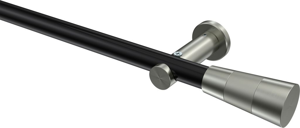 Interdeco Gardinenstange / Vorhangstange Schwarz / Edelstahl-Optik, Typ Platon Tanara (Konus Bicolor) ohne Ringe, 20 mm Ø 1-läufig, 220 cm