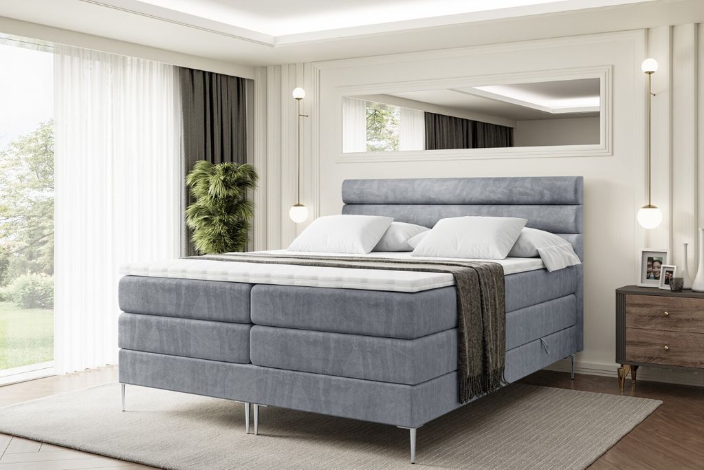 ALTDECOR Boxspringbett mit Silber Füßen, Matratze und Lattenrost, Topper, Polsterbett mit Bettkasten, Bett mit Stauraum H3- und H4- Matratze, Dop...