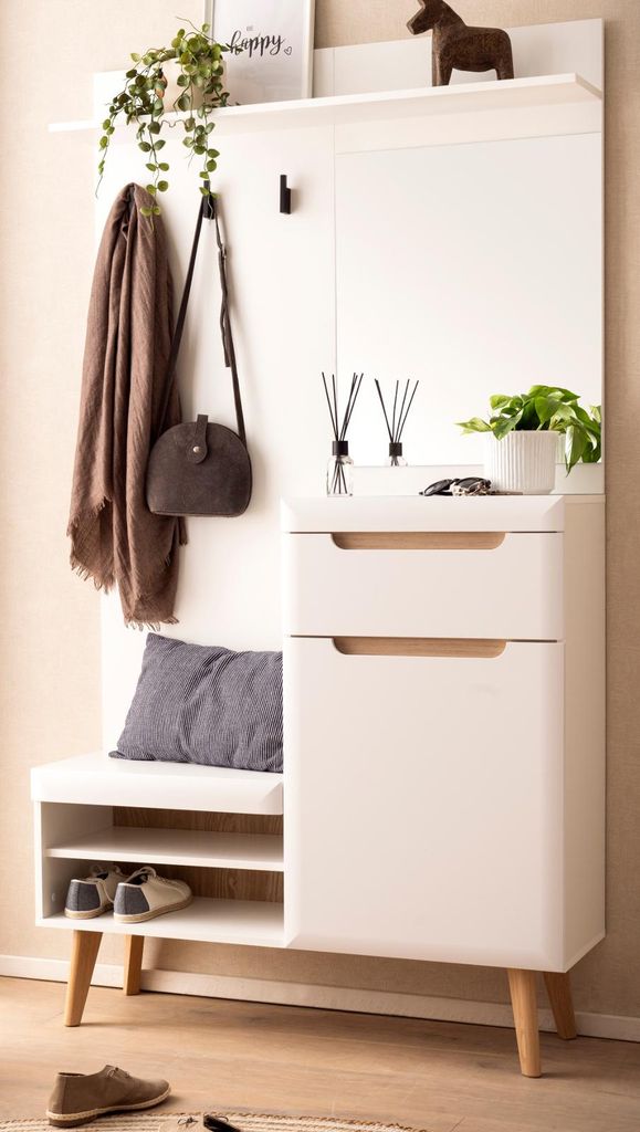 Garderobe "Isgard" in weiß matt und Eiche Kompaktgarderobe skandinavisch 110x197 cm Soft-Close