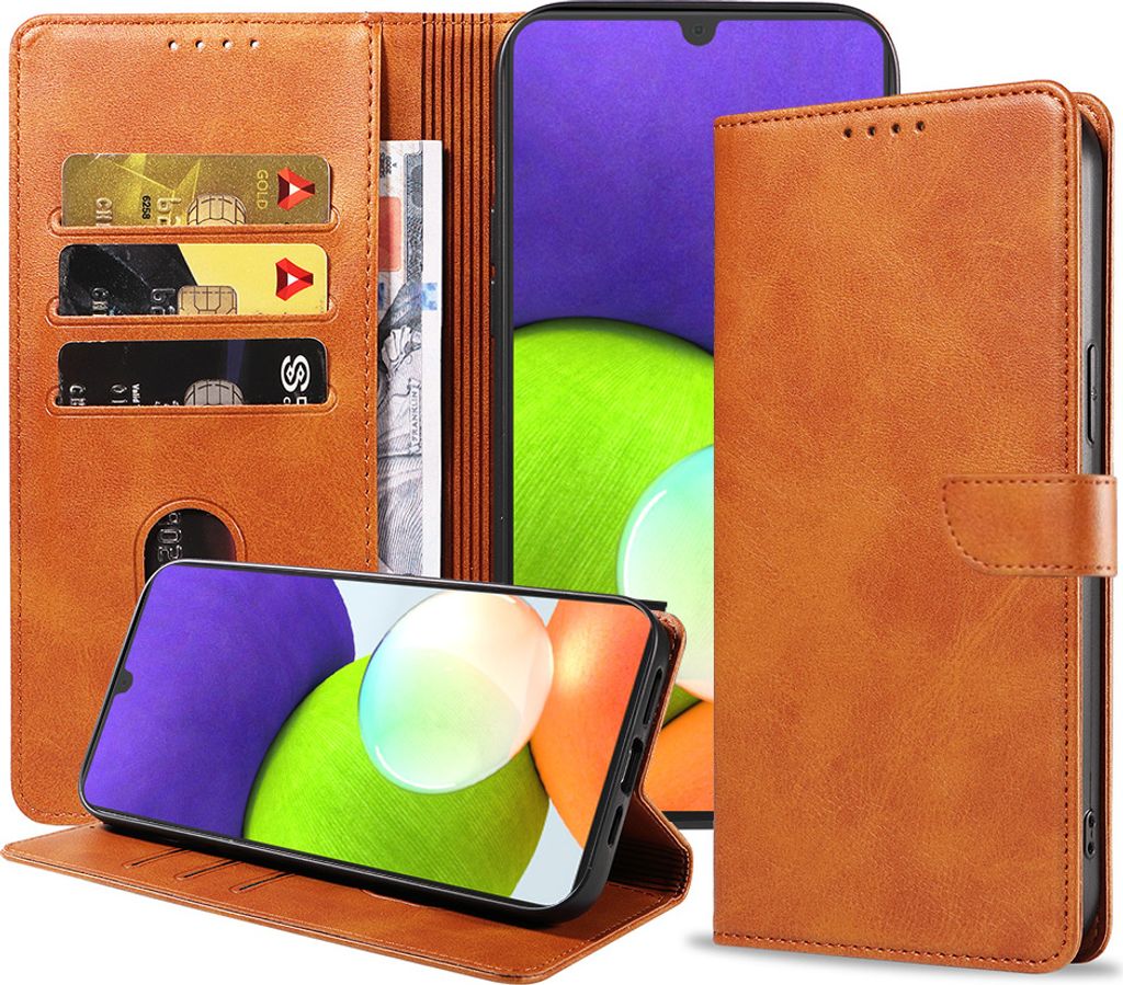 Geschikt voor Samsung Galaxy A22 4G Telefoonhoesje Kunstleer met Magnetisch lipje en Pasjeshouder Book Case met Klepje - Bruin - Smartphonica