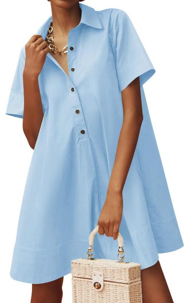 Imily Bela Damen Oversize-Hemdblusenkleid – Kurzärmeliges Mini-Kleid mit Knopfleiste, Kragen und V-Ausschnitt – Lässig-fließendes Sommerkleid