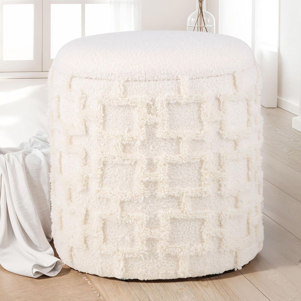 FineBuy Sitzhocker mit Stauraum 45x40 cm Runder Polsterhocker mit weichem Strukturstoff & Deckel Moderner Aufbewahrungshocker in Creme Bequemer Hocker