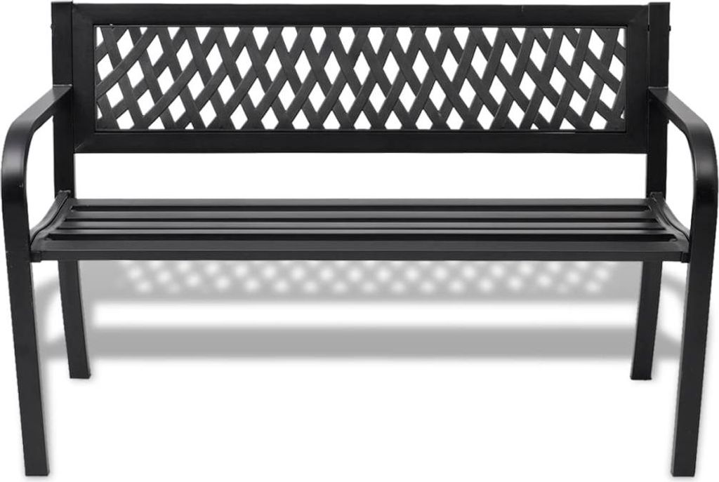 A black metal garden bench is shown against a white background.