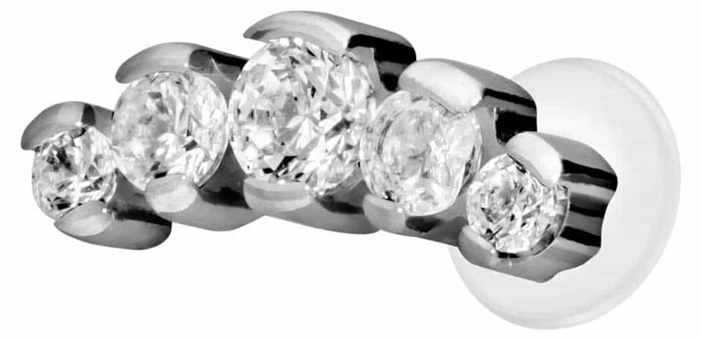 Ohrpiercing, Nasenpiercing PTFE Labret mit Innengewinde + Titan-Aufsatz 5 EINGEFASSTE KRISTALLE Silber Stablänge: 8mm | Stabstärke: 1,2mm