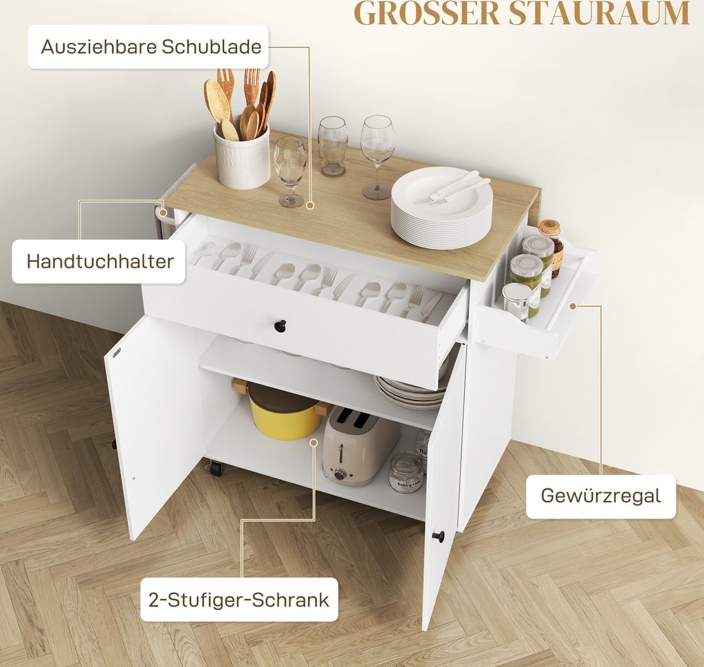 HOMCOM Kücheninsel Küchenwagen auf Rollen mit Klappbar Produktbild 5