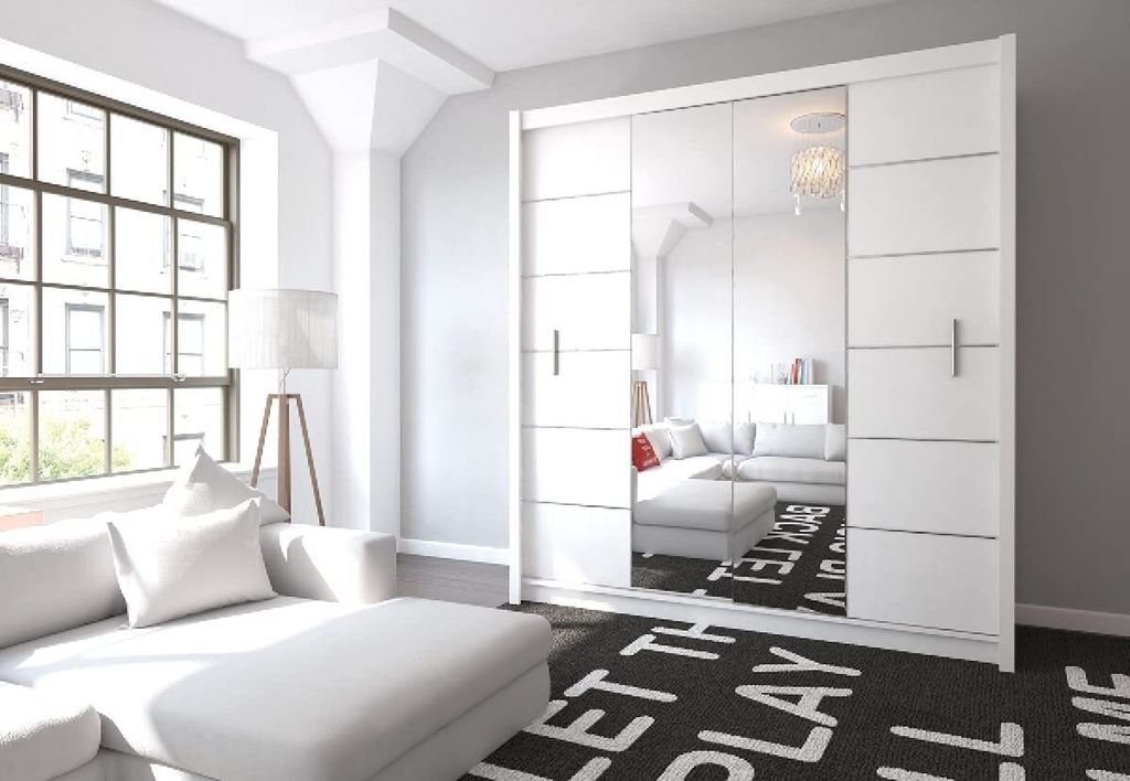 Lizbona Schiebeschrank 203 cm mit Spiegel, Kleiderschrank Schlafzimmer, Wohnzimmer- 203 x 215 x 61 Farbe: Weiß, Schwebetürenschrank mit 2 Kleider...