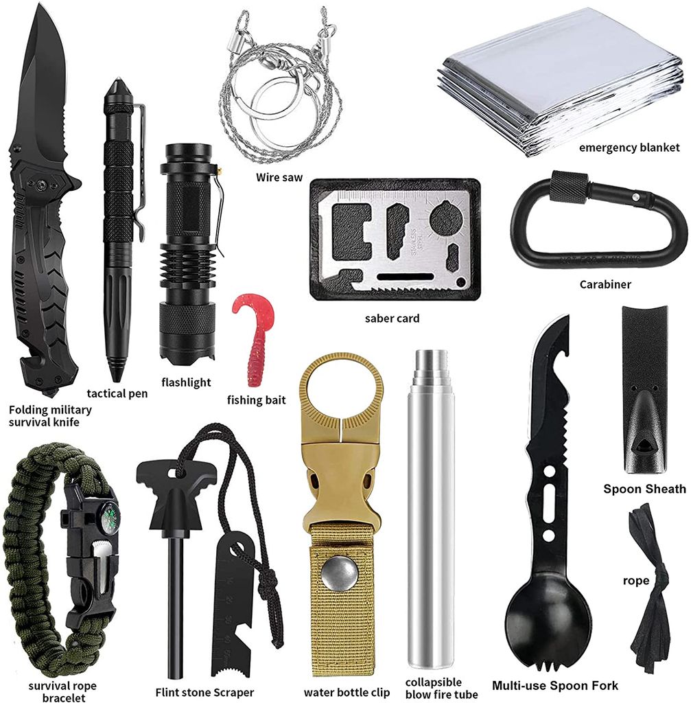 13 In 1 Camping Survival Gear Kit Taktisches Selbstverteidigungs-Notfallwerkzeug 