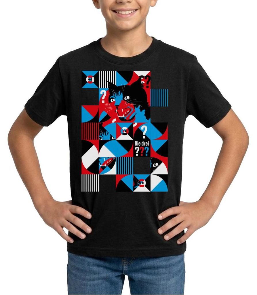 Spreadshirt Die Drei Fragezeichen Abstraktes Katzen Design Teenager T-Shirt, 134/146 (9-11 Jahre), Schwarz