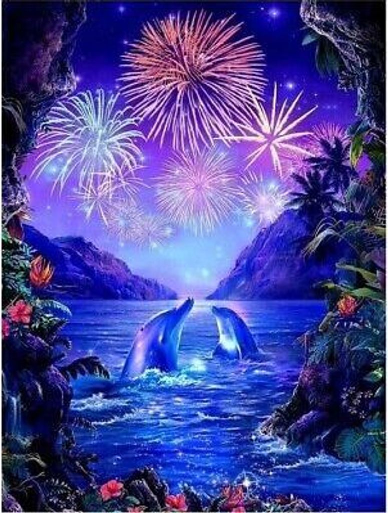 50x40 cm Malen nach zahlen Set mit Holzrahmen Delphine und Feuerwerk