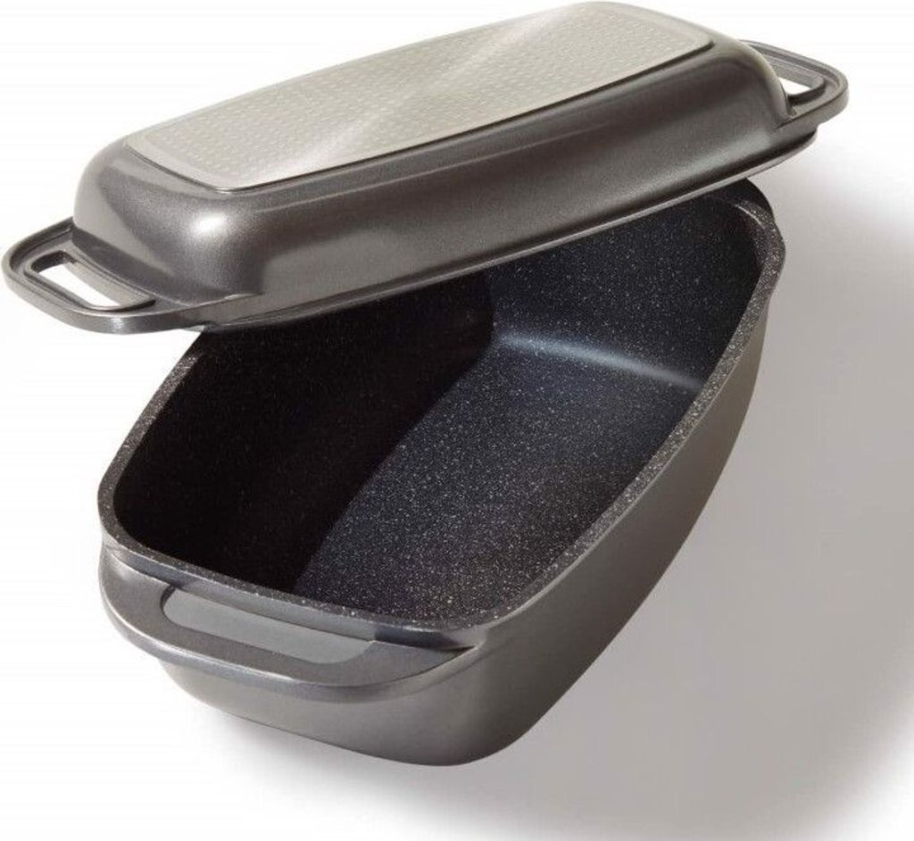 A gray roasting pan with a lid, shown from a diagonal angle.