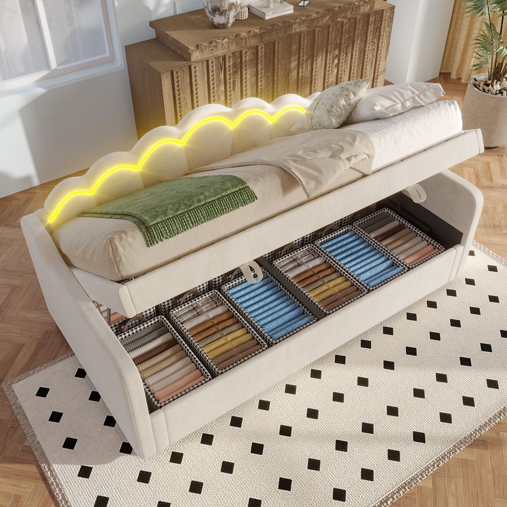 Flieks Hydraulisches Polsterbett Tagesbett 90x200cm, Schlafsofa Jugendbett Kinderbett mit LED, Holzbett Daybed Sofabett, Samt, Beige