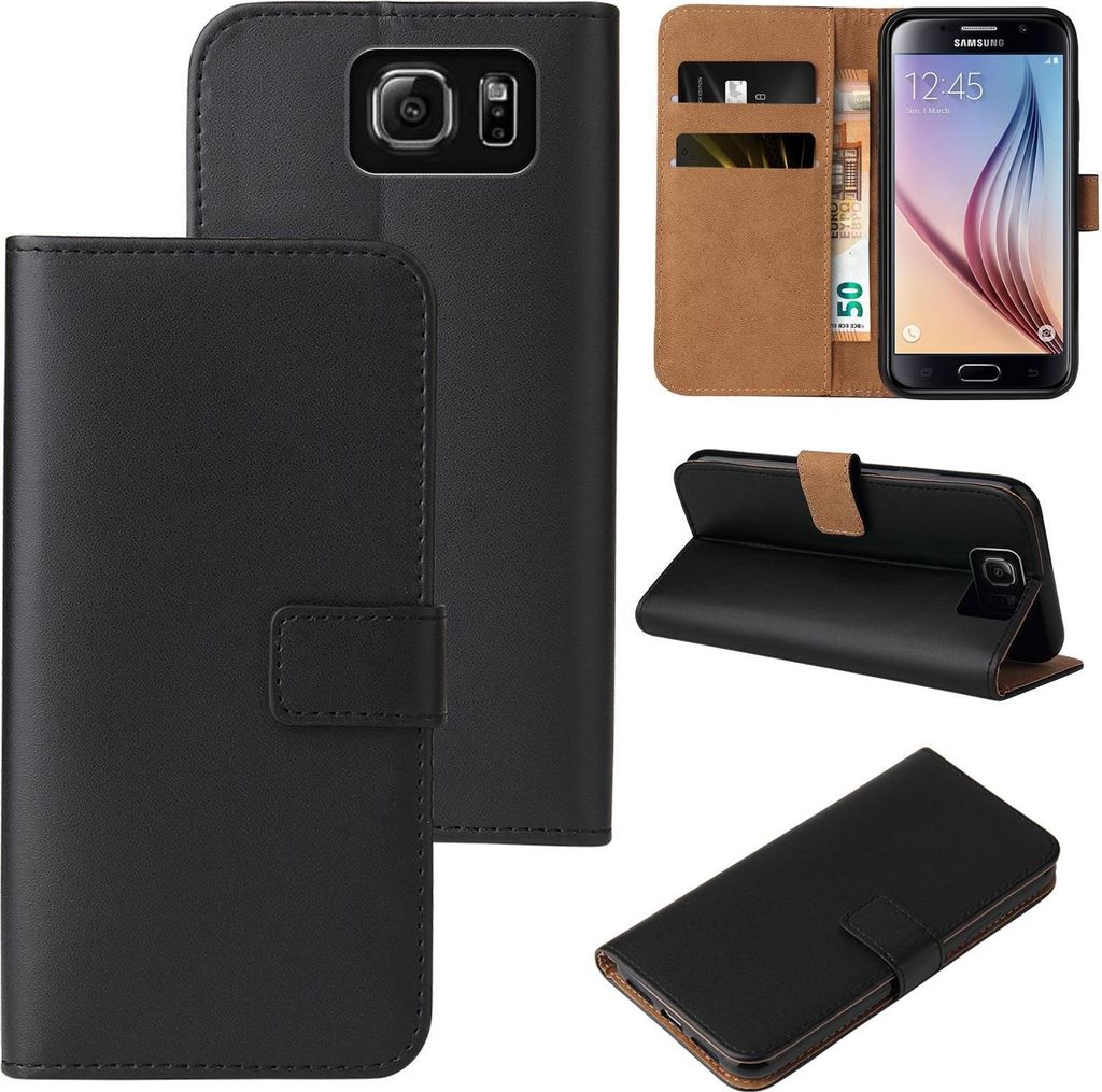 Collage of images showing a black flip phone case for a Samsung Galaxy S6, with different views and angles, including the phone inside the case.