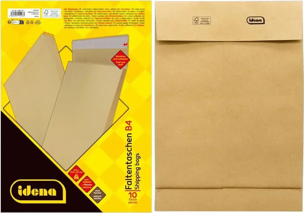 Idena Faltentasche B4 o.F 4cm Boden hk 10erRec, Faltentaschen DIN B4, 40 mm Falte, ohne Fenster, Kraft, braun natur, 140g/m², 10 Stück/Packung